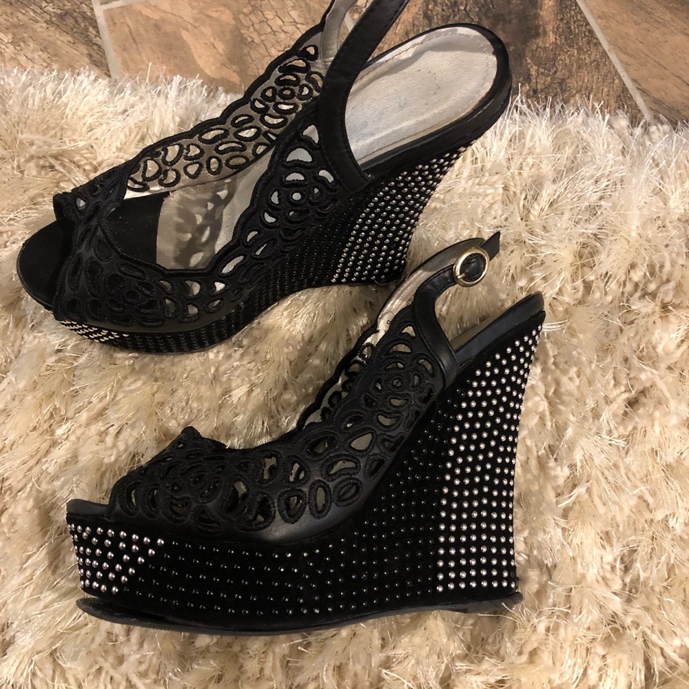 Peep toe 1 inch platform Black bedazzled wedge